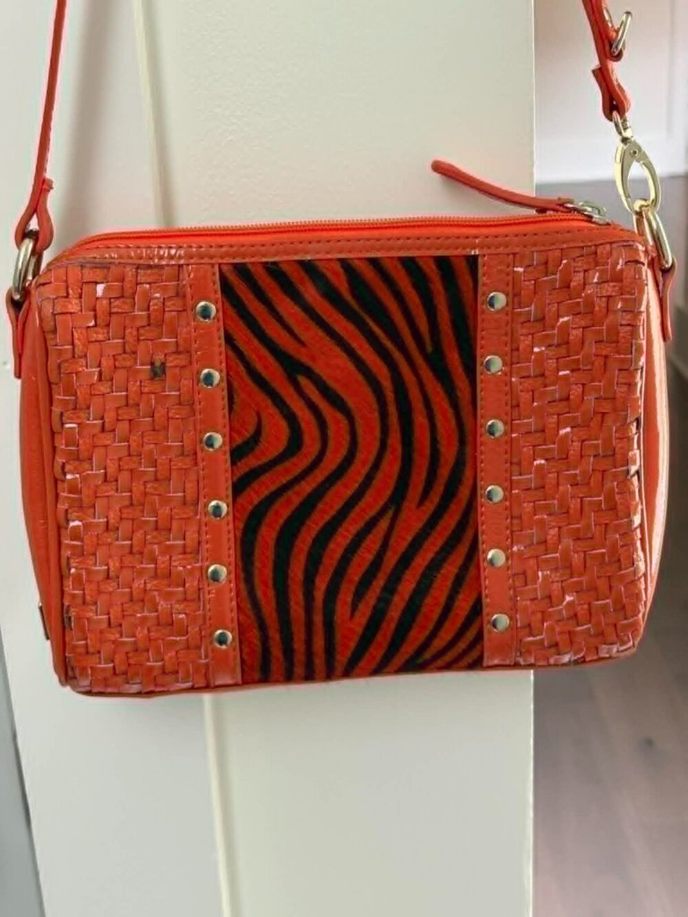 Sharif 1827 Orange Patent Leather Zebra Print Cowhide Crossbody Bag